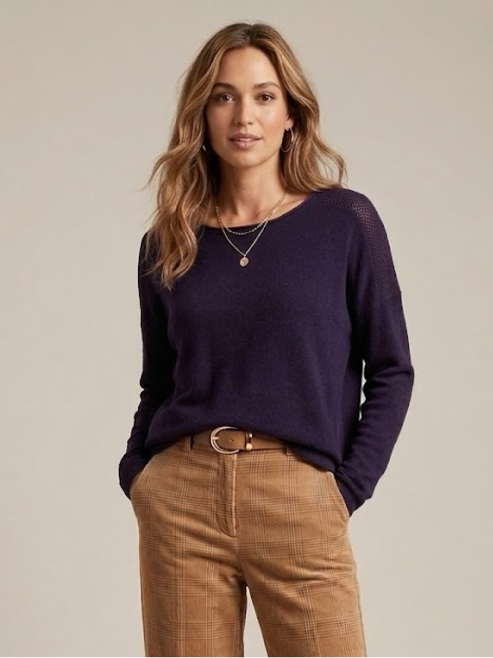 VINCE Cashmere Perforated Back Dark Purple Boatneck Slouchy Sweater Size S